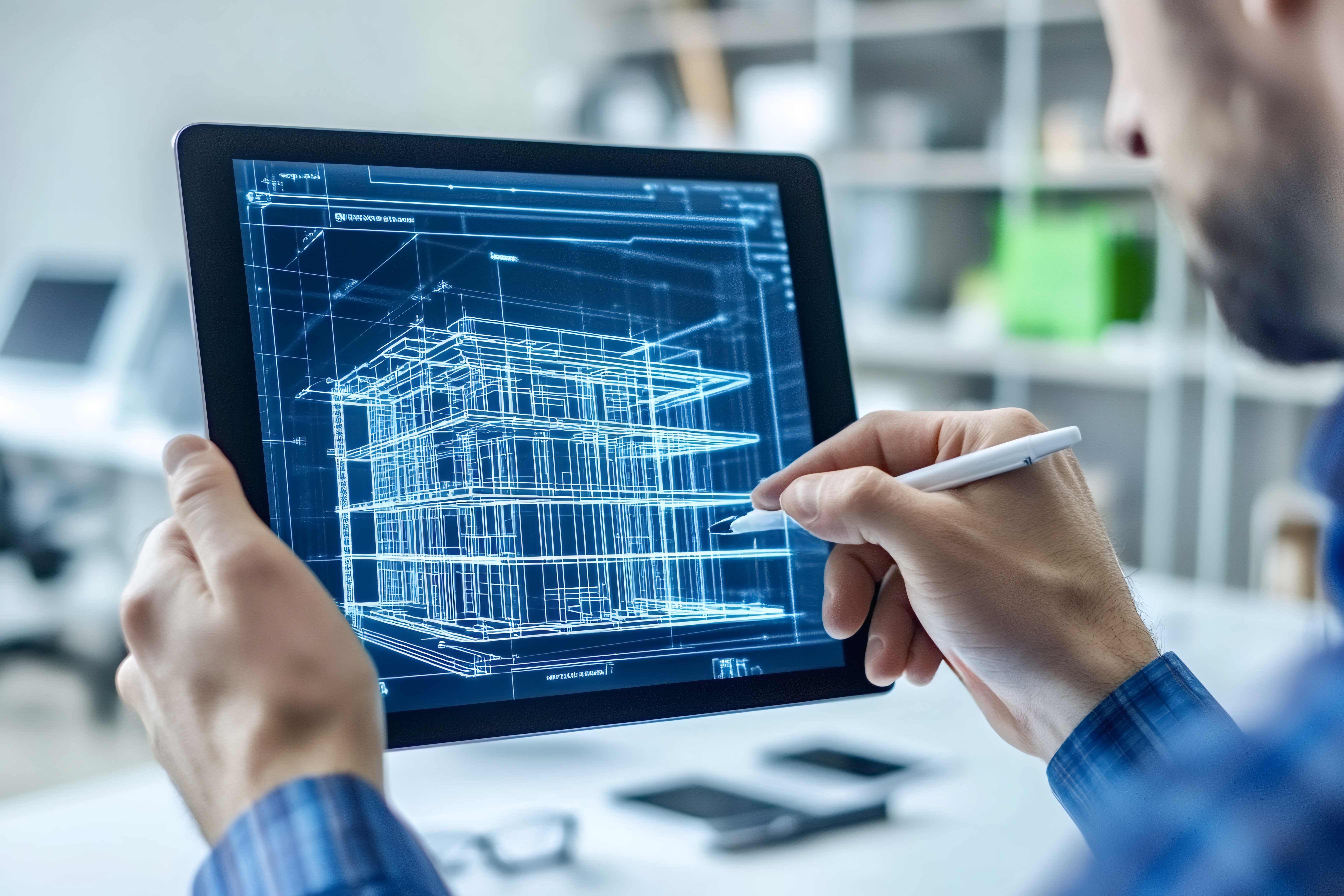 Architect reviewing a digital blueprint on a tablet, representing Buildley's tech-driven process.